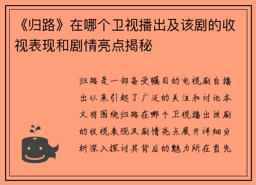《归路》在哪个卫视播出及该剧的收视表现和剧情亮点揭秘